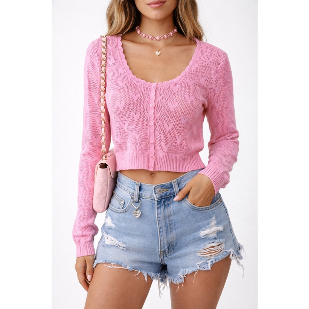 LoveShackFancy Venice Crop Cardigan Pink Heart Knit Button Front Sweater Small